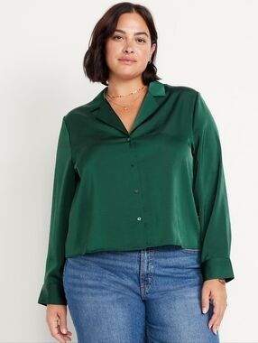 Emerald Green Satin Button-Front Blouse